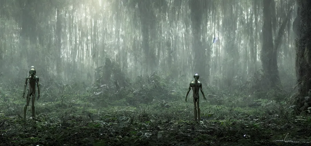 Image similar to a complex organic fractal 3 d metallic symbiotic ceramic humanoid megastructure creature in a swampy lush forest, foggy, sun rays, cinematic shot, photo still from movie by denis villeneuve, wayne barlowe, close - up