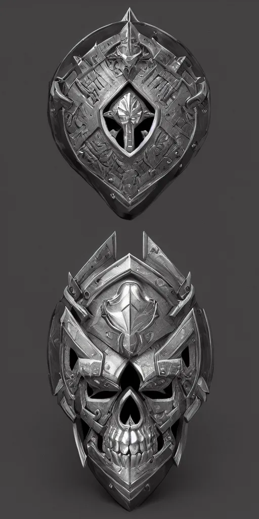 Image similar to a black and silver shield skull crest, ornament, weapon, a 3 d render by dom qwe, trending on polycount, artstation, hard surface modeling, zbrush, symmetry