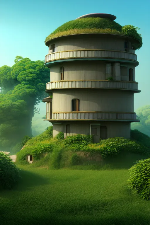 Image similar to cylindrical house, solarpunk, studio ghibli, jean - baptiste monge, octane render, 4 k