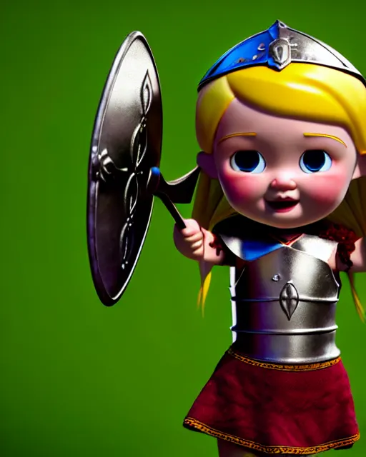 Image similar to an adorable toy of a viking girl with her shield raised to defend, pixar style, authentic viking armor, historically accurate, clean detail, symmetrical, octane render, studio lighting