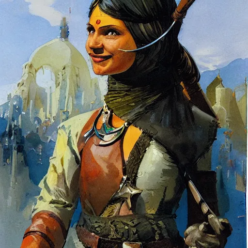 Image similar to a medieval hunter woman with indian ethnicity, cheeky smile, umber color scheme, fantasy character portrait by John Berkey