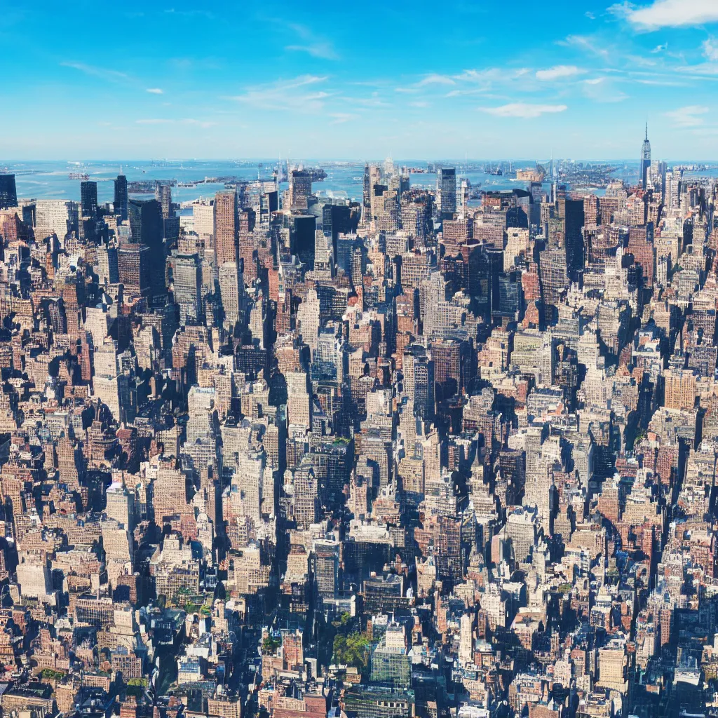 Prompt: drone shot of a coastal city skyline new york 8k resolution, blue sky, high quality lens flare