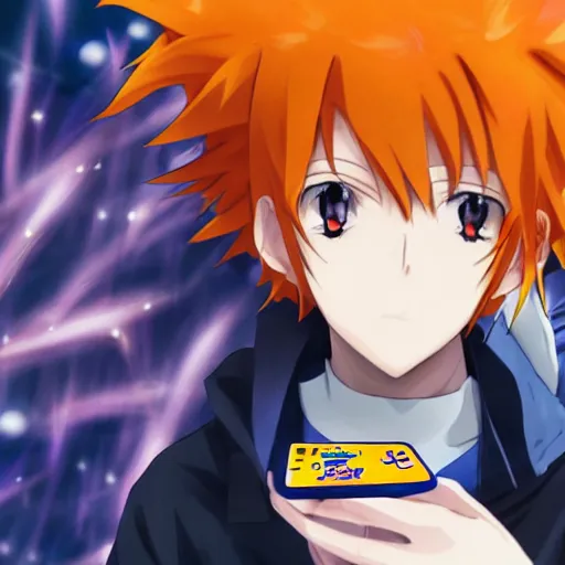 Prompt: orange - haired anime boy, 1 7 - year - old anime boy with wild spiky hair, wearing blue jacket, holding magical technological card, magic card, in front of ramen shop, strong lighting, strong shadows, vivid hues, raytracing, sharp details, subsurface scattering, intricate details, hd anime, 2 0 1 9 anime
