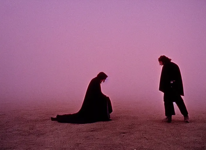 Prompt: Luke skywalker kneels before a jedi oracle woman, a mystic with infinite knowledge of time. a strange foggy pink land. still from the 1983 film directed by Stanley Kubrick, monolith, anamorphic, Photographed with Leica Summilux-M 24 mm lens, kodak stock, ISO 100, f/8, Portra 400