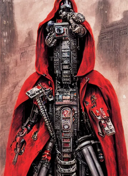 Image similar to portrait of rotten Nicolas Cage as adeptus mechanicus in red hood and robe from Warhammer 40000. Highly detailed, artstation, illustration by and John Blanche and zdislav beksinski and wayne barlowe