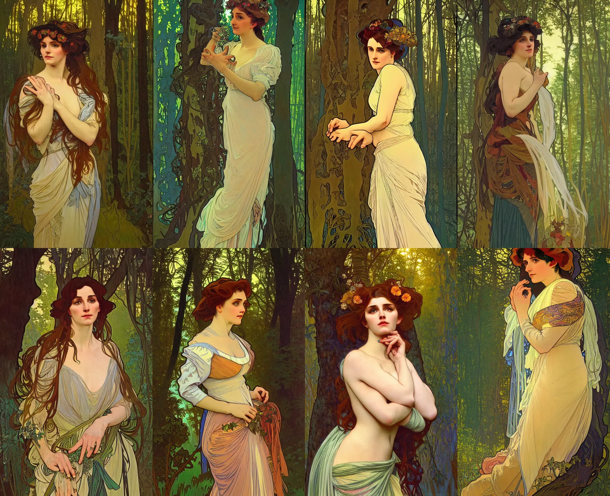 Image similar to portrait of a strange, gorgeous and mystical woman in the woods, trees in the background, evening lighting, 4k, detailed, in the style of Alphonse Mucha