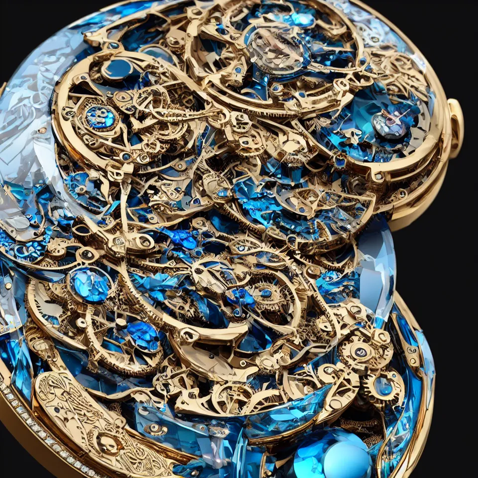 Prompt: a steampunk sleek, jewelled, tropical bird repeater watch by Jaquet Droz, highly detailed illustration highlights, gold and silver highlights, neon blue highlights, macro photography, F/2.8, trending on artstation, octane render