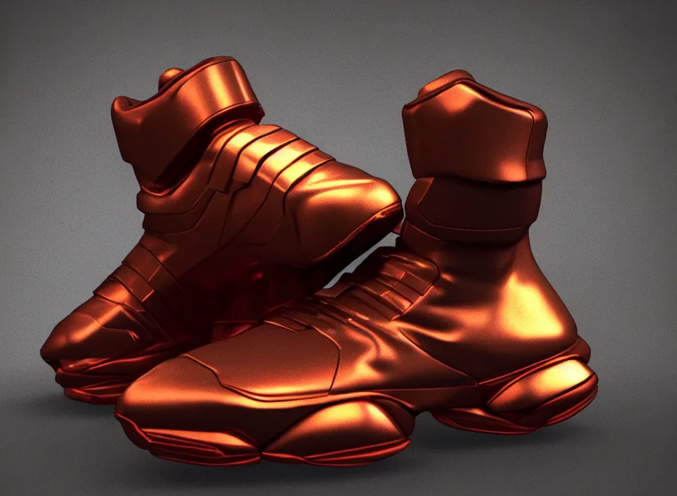 Image similar to realistic 3 d render of a cyberpunk android sneaker, beautiful studio lighting, soft, sharp focus, neon cyberpunk highlights, intricate detail, gold and red metal, soft rubber, textured plastic, octane render, side view, close up, trending on artstation, deviantart, bauhaus