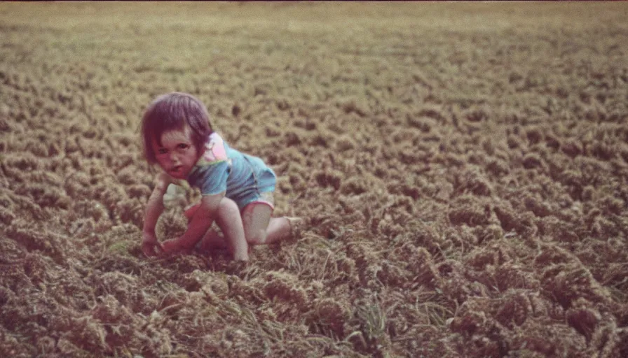 Image similar to 7 0 s film still from a horror movie about evil babies on a farm, kodachrome, cinecolor, cinestill, film grain, film texture, retro, cinematic, high resolution, photorealism,