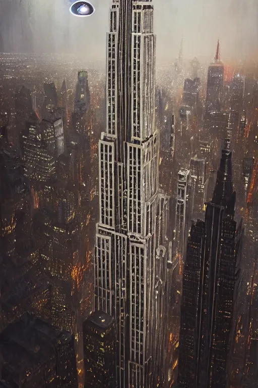 Prompt: the Empire State Building being visited by a large UFO, an epic painting, glinting metal, volumetric lighting, intricate, elegant, highly detailed, digital painting, artstation, concept art, smooth, sharp focus, art by Maciej Kuciara