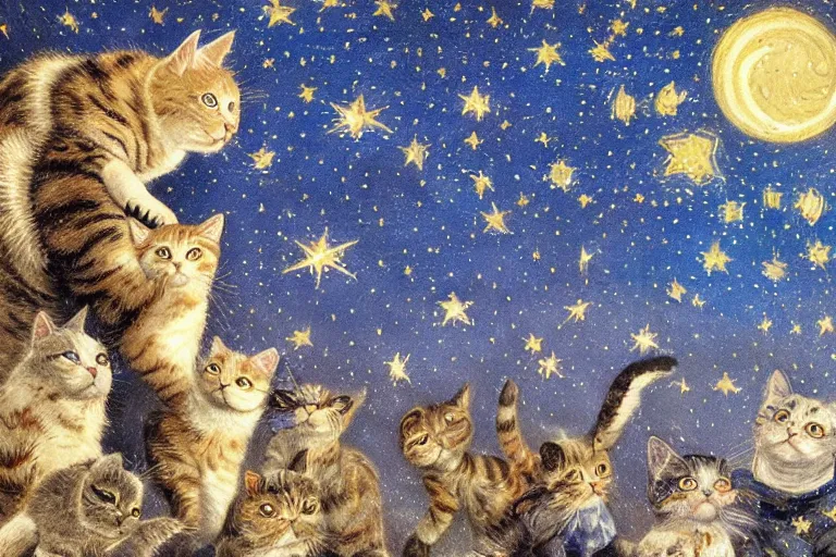 Prompt: night starry sky full of cats, by lous wain and and fernand toussaint