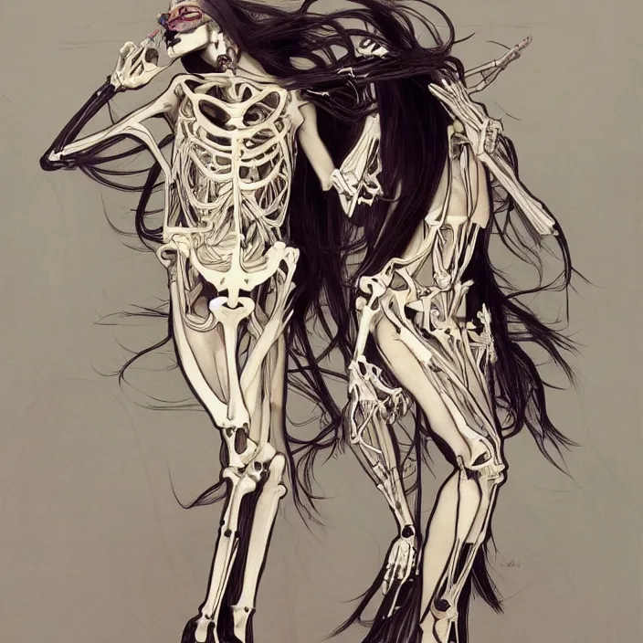 Prompt: skeletal kpop idol, full body, high fashion, futurist, aerodynamic, anatomical, ornate, slick, highly detailed, digital painting, neotenous, concept art, smooth, sharp focus, hd, art by alphonse mucha and john berkey and annie leibovitz