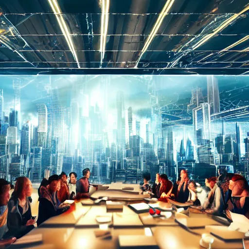 Prompt: large group people in a huge warehouse, looking at hologram of futuristic city on a table | cinematic concept art | godrays | 4 k | clear details | tabletop buildings | tabletop | hologram foreground