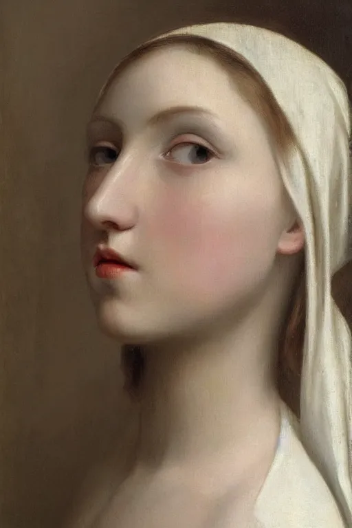 Prompt: hyperrealism close-up portrait of medieval beautiful young female smoking, pale skin, wearing white silk, in style of classicism