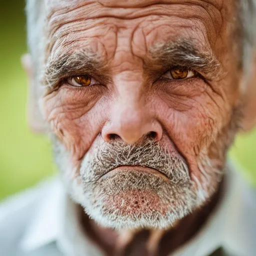 Prompt: extremely detailed portrait photo of an old man with a sober expression, wrinkle face, bright eyes, messy brown hair