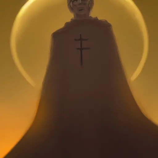 Image similar to Close up of a terrified young catholic priest at the top of a medieval tower watches as an ominous yellow shadow descends upon him from the night sky. He is seen from above fervently praying. Dramatic lighting. Award-winning digital art, trending on ArtStation