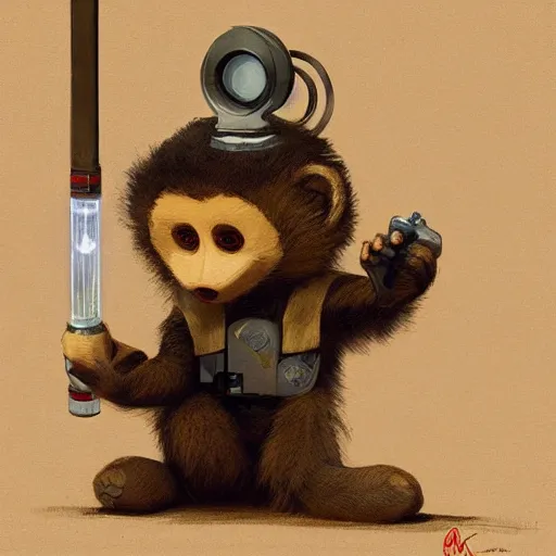 Image similar to Cartoon character Cheburashka holding a lightsaber, artstation, concept art, sharp focus, illustration, art by greg rutkowski and alphonse mucha