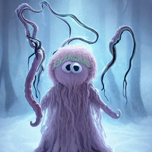 Prompt: a fluffy humanoid ethereal ghost like live action muppet wraith like figure with a squid like parasite taking over its head and four long tentacles for arms that flow gracefully at its sides like a cloak while it floats around a frozen rocky lake in the middle of the frozen woods searching for lost souls and that hides amongst the shadows in the trees, this character can control the ice and snow and has mastery of the shadows, it is known as the bringer of nightmares and the conqueror of the endless night terrors and staring too long can cause paralysis, it is a real muppet by sesame street surrounded by lost muppet souls, photo realistic, real, realistic, felt, stopmotion, photography, sesame street