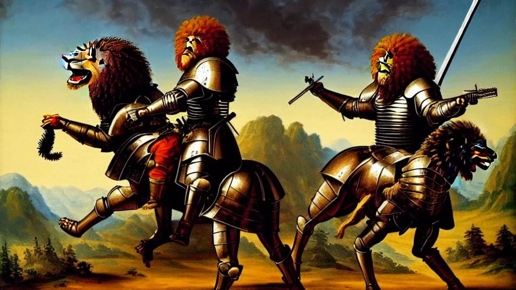 Image similar to fully armored knight wielding an automatic weapon fighting a lion in a medieval setting, painted by bob ross