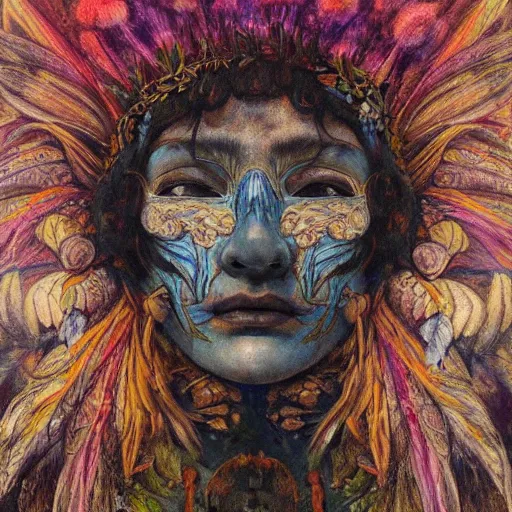 Prompt: masterpiece painting of a dark flower shaman, by annie swynnerton and jean delville and diego rivera, facemask made of flowers, art brut, outsider art, symbolist, dramatic lighting, god rays, elaborate geometric ornament, clean crisp graphics, smooth sharp focus, extremely detailed, adolf wolfli