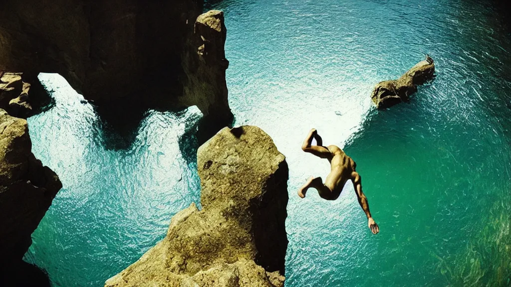 Image similar to a man cliff jumping into waters that are actually a portal to another dimension, film still from the movie directed by Denis Villeneuve with art direction by Salvador Dalí, wide lens