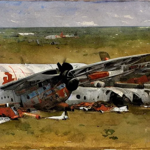 Prompt: wet - in - wet painting of an airplane graveyard by winslow homer