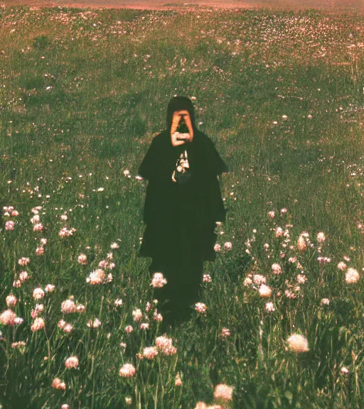 Image similar to mystical death god standing in tall meadow of flowers, distant, film photo, grainy, high detail, high resolution