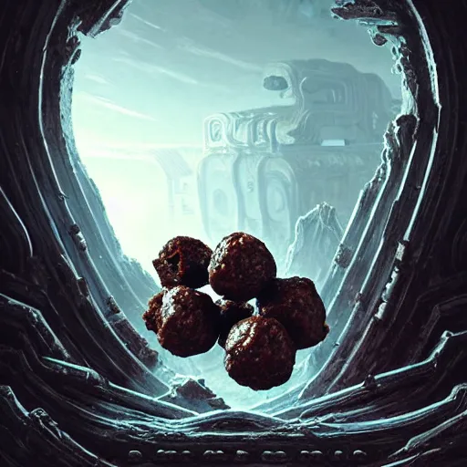 Prompt: salty chocolate meatballs, there are ruins of ancient civilization, ultra high definition, ultra detailed, symmetry, sci - fi, dark fantasy, in style of heavy metal comic, dark and horror style, metal by greg rutkowski and ross tran