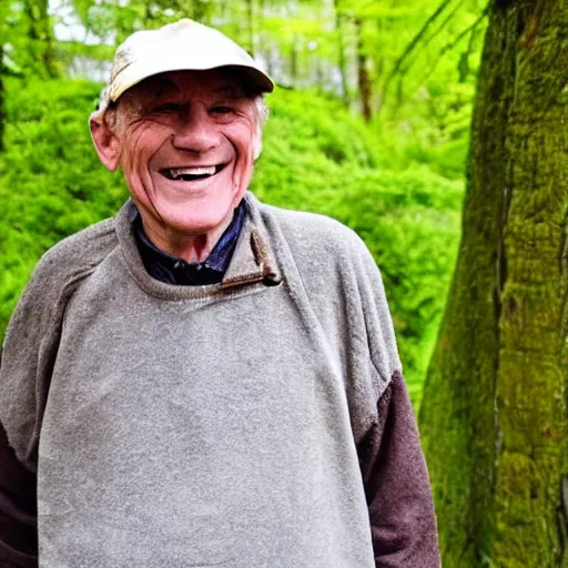 Prompt: a smiling old man covered in moss