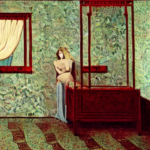 Image similar to a lonely girl in a liminal hotel room, baroque wallpaper, film still by david lynch, depicted by balthus, limited color palette, very intricate, art nouveau, highly detailed, lights by hopper, soft pastel colors, minimalist