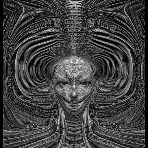 Prompt: High detailed human portrait of Mandelbulb pattern. by Giger.