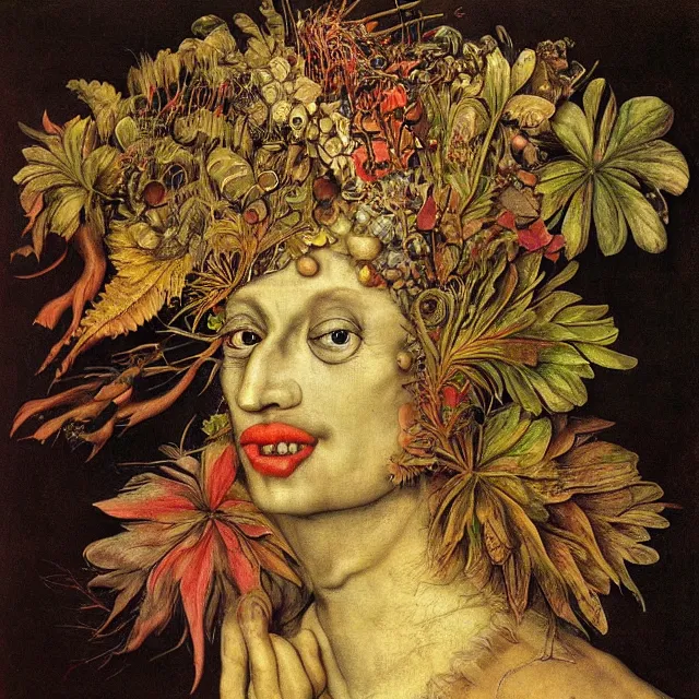 Image similar to profile portrait of a woman, leaves, by giuseppe arcimboldo,, psychedelic, surreal, sci - fi, dreamlike.