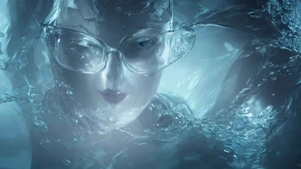 Image similar to a centered wide shot of an single lonely transparent translucent water made elemental underwater, omnious , elegant, reflections, focus, detailed, realistic eyes, horizontal partial symmetry features proportions, intricate facial skin details, award winning, trending in cgsociety artstation deviant art, octane render