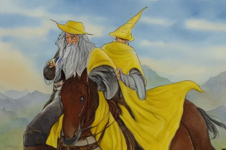 Image similar to Gandalf with a yellow hat riding a horse