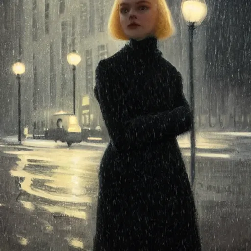 Prompt: Elle Fanning covered in blood in the world of Edward Hopper, stormy snowy weather, streetlights, extremely detailed masterpiece, oil on canvas, low-key neon lighting, artstation, Blade Runner 2049, Roger Deakin’s cinematography, by J. C. Leyendecker and Peter Paul Rubens,