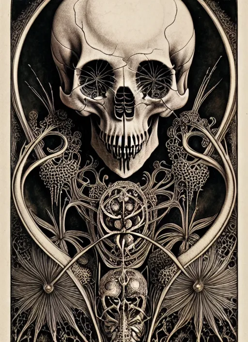 Image similar to art forms of nature by ernst haeckel, memento mori by arthur rackham, ornate antique porcelain beautiful skull mask, ultrasharp, photorealistic, hyperdetailed, octane render, polished, art nouveau, neo - gothic, gothic, intricate ornamental organic filigree, art nouveau botanicals, art forms of nature by ernst haeckel, horizontal symmetry, symbolist, visionary