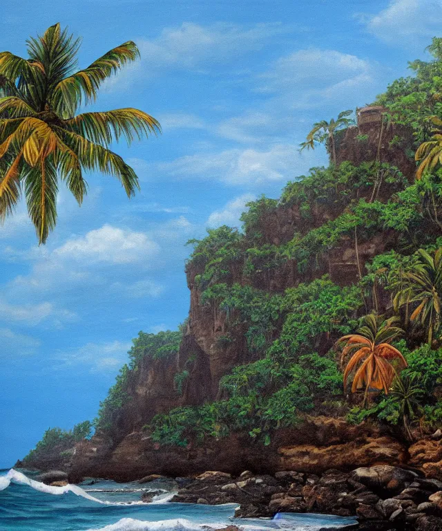 Image similar to photorealistic painting of turtle bay beach jamaica, sharp cliffs, island with cave, dark, atmospheric, brooding, smooth, finely detailed, cinematic, epic, in the style of clyde caldwell