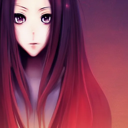 Image similar to professional anime digital art of a beatiful girl with long black hair; red eyes; face portrait; beautiful, appealing face, trending art