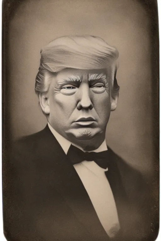 Image similar to a tintype photo of a caricature of Donald Trump