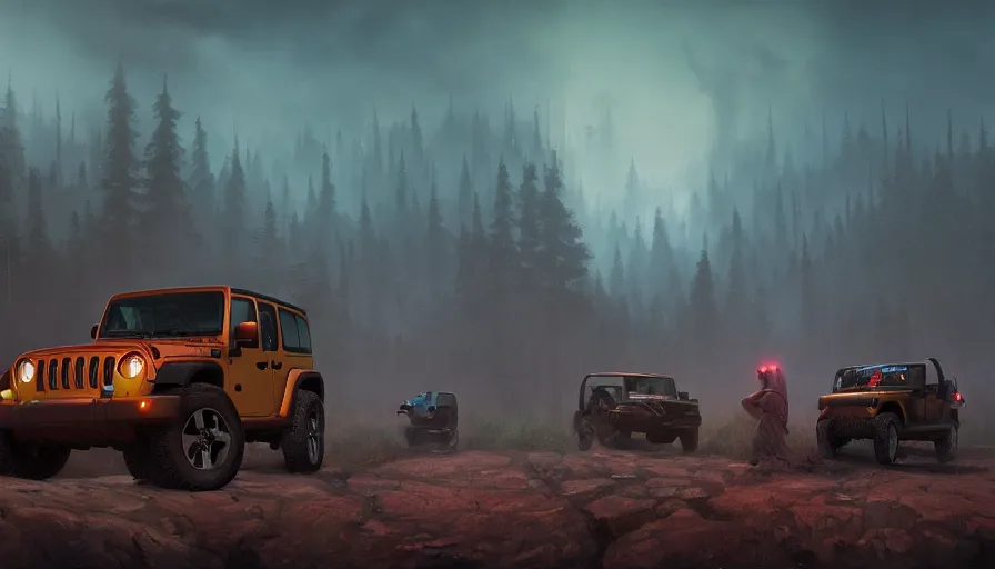 Image similar to single jeep wrangler, tribe members watching nearby, an epic fantasy, dramatic lighting, cinematic, establishing shot, extremely high detail, photorealistic, cinematic lighting, artstation, by simon stalenhag, horizon forbidden west