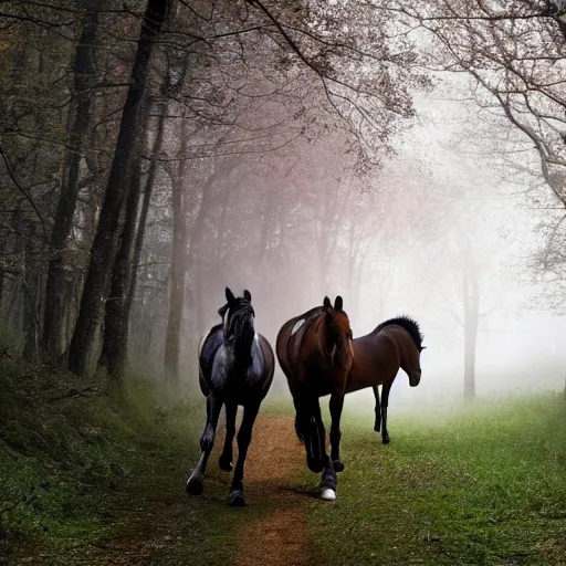 Prompt: two horses lying on the woods path, having arrows on their body, photo, 8 k