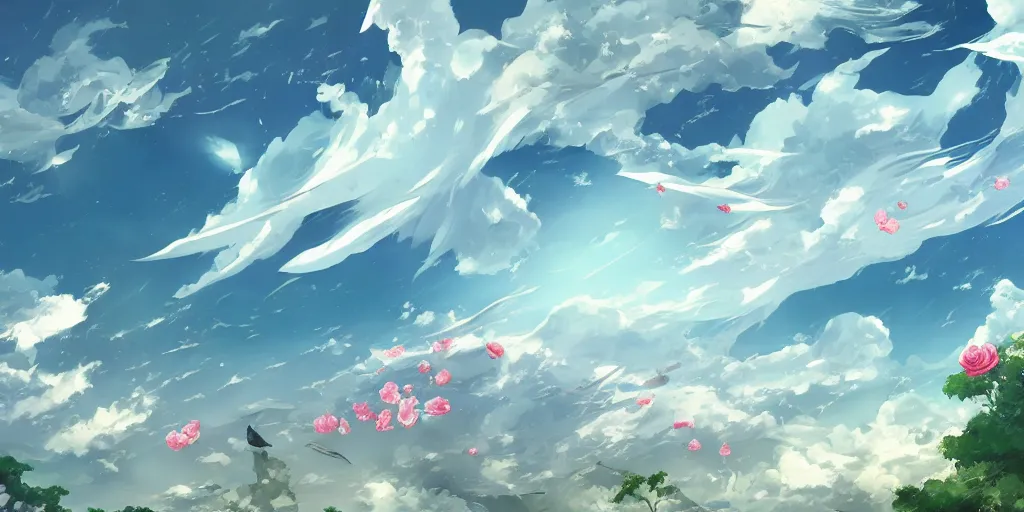 Image similar to background art of flying longswords flowing and floating through the slicing through directional wind on a simple cloudy sky background featuring an enormous tsunami, big puffy clouds, large individual rose petals, lotus petals, angular background elements, large polygonal fragments, anime, studio ghibli, artgerm, manga, trending on artstation, art nouveau, mature color scheme