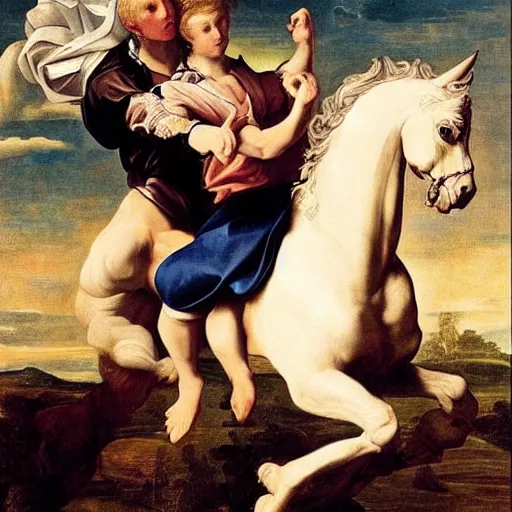 Prompt: a baroque painting of jake paul riding a unicorn, ultra detailed, intricate, dramatic, award winning art by caravaggio,