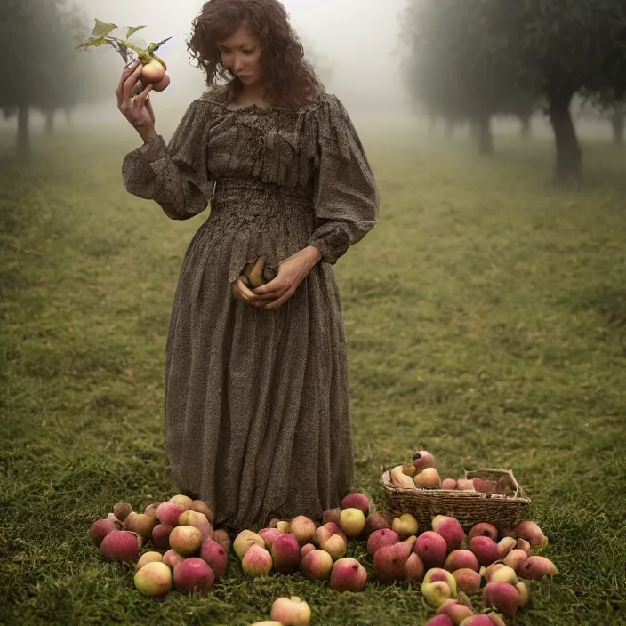 Prompt: a closeup portrait of a woman wearing a dress made of sponges and human hair, picking apples from a tree in an orchard, foggy, moody, photograph, by vincent desiderio, canon eos c 3 0 0, ƒ 1. 8, 3 5 mm, 8 k, medium - format print