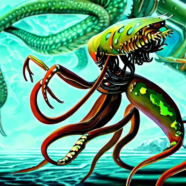 Image similar to a digital illustration of a land - dwelling squid monster with preying mantis claws, magic the gathering card painting, hq scan