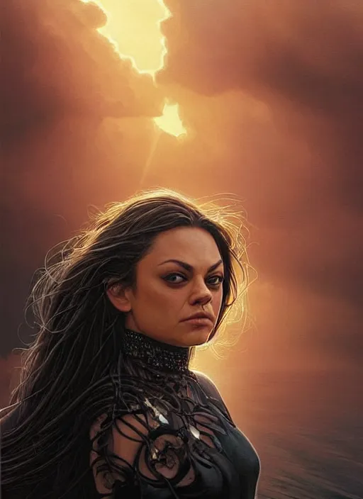 Image similar to Mila Kunis wearing black choker, epic portrait of a very strong muscled Amazon heroine, sun beams across sky, pink golden hour, stormy coast, intricate, elegance, highly detailed, shallow depth of field, epic vista, concept art, art by Artgerm and Donato Giancola, Joseph Christian Leyendecker