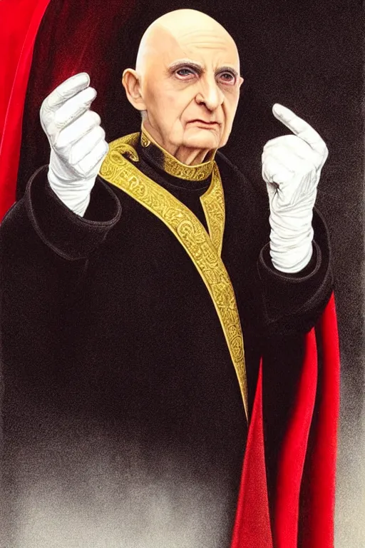 Prompt: a bald pale sorcerer in his late nineties. stately and dour in his expression. eyeliner accentuates his sunken eyes. a high black turtleneck covers his thin neck. opulent white golden red robe. white leather gloves with gold decoration, his face like benedict xvi, sharp focus, art by magali villeneuve