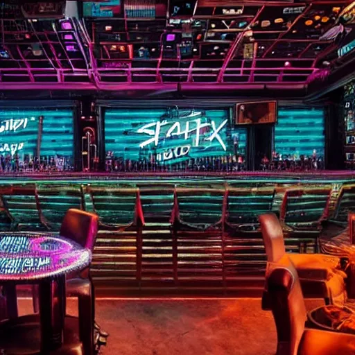 Image similar to rundown cyberpunk bar, daft punk singing singing karaoke