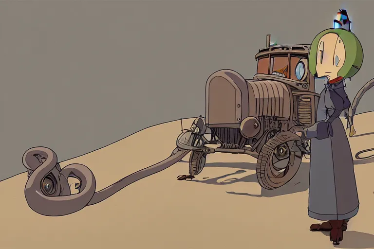 Prompt: a study of a cell shaded cartoon of a grey mechanized snake from howl's moving castle ( 2 0 0 4 ), on a desert road, full body, wide shot, very muted colors, post grunge, studio ghibli, laurie greasley, highly detailed, deviantart, art by artgem