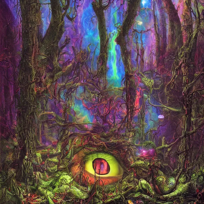 Image similar to a dark fantasy forest with rainbow eyes hiding in the dark. hyperrealist fantastic and absurd. science fiction and fantasy illustration. richly colored painting by don ivan punchatz.